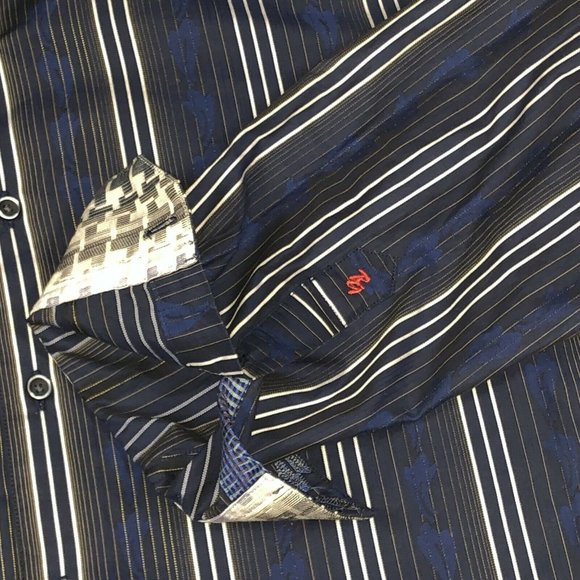 Robert Graham Blue Striped Flip Cuff Long Sleeve Dress Shirt - Picture 4 of 9